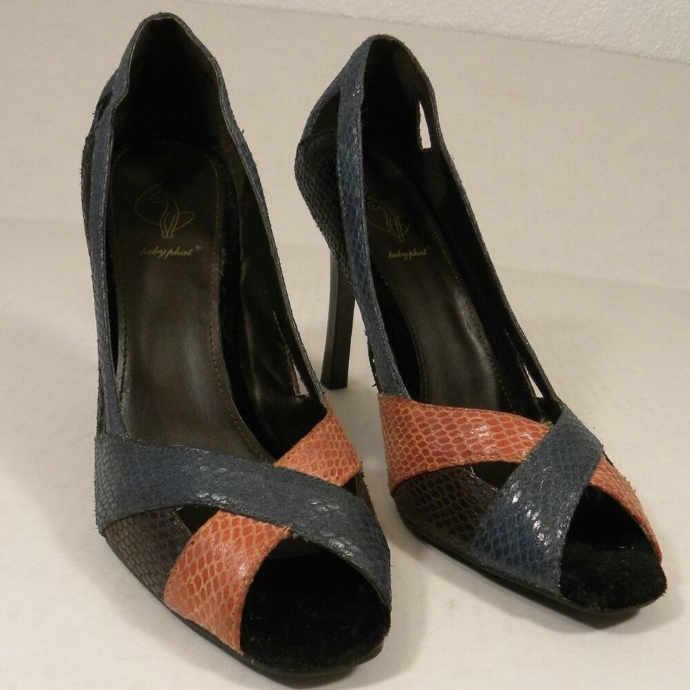 Baby Phat Black Multicolor Open Toe Pumps Women 8 B Animal PrintnLeather Heels